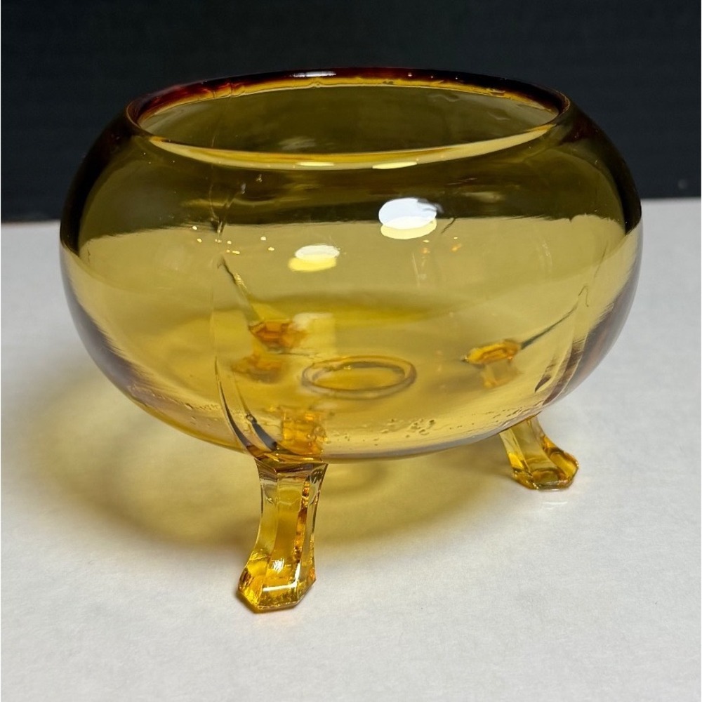 VTG Vicking Amber Flowerlite Glass Rose Bowl Tripod Feet MCM Art Glass Vase 3"